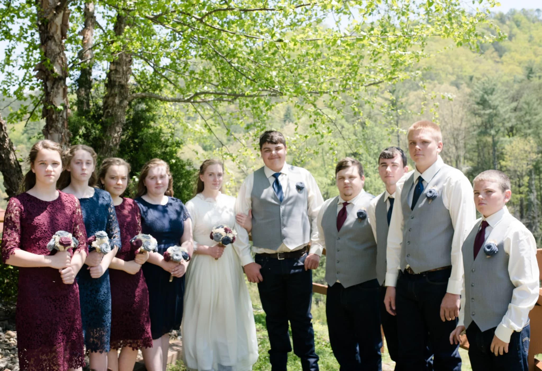 Wedding party posing outdoors with lush forest views at Moose Hollow Lodge in Pigeon Forge near the Smoky Mountains