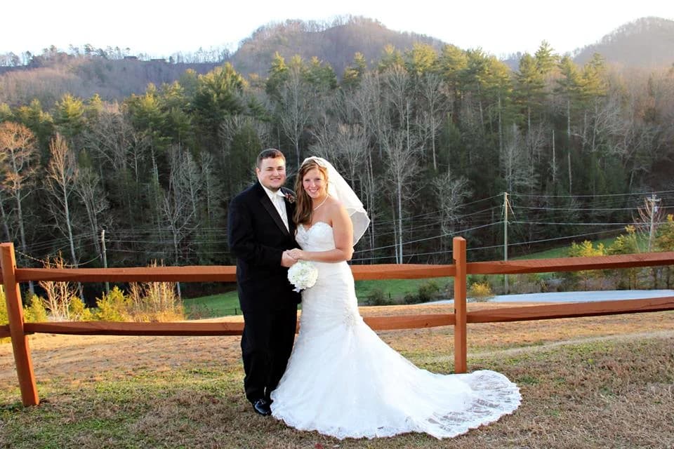 Bride and groom outdoors with Smoky Mountains views near Dollywood at Moose Hollow Lodge in Pigeon Forge