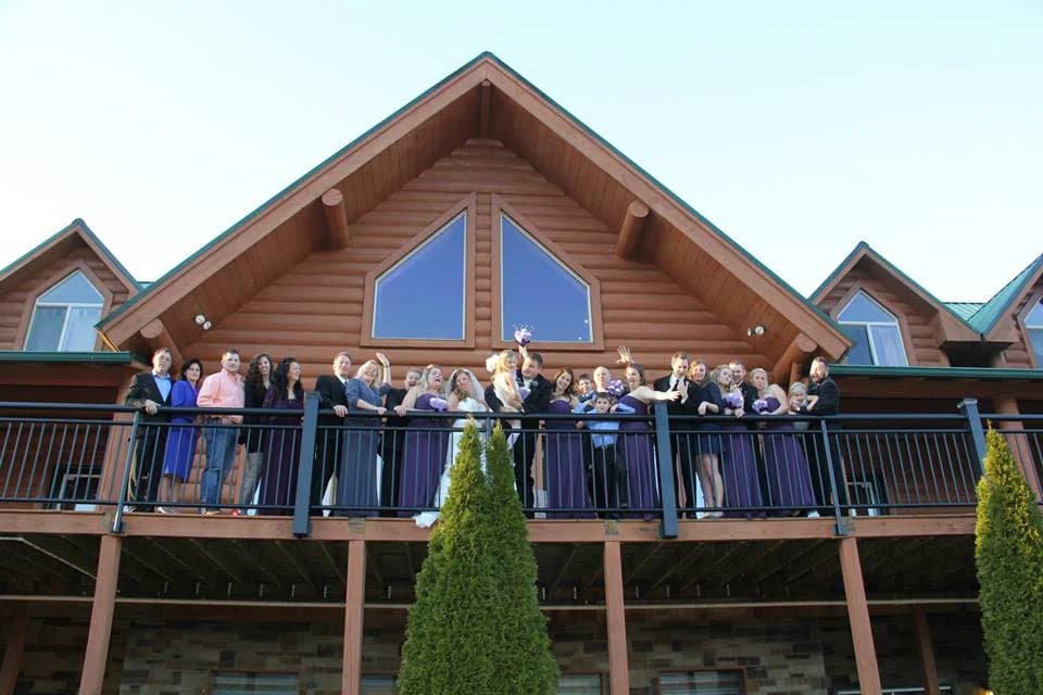 Wedding party on a cabin deck at Moose Hollow Lodge in Pigeon Forge near Dollywood and the Smoky Mountains.