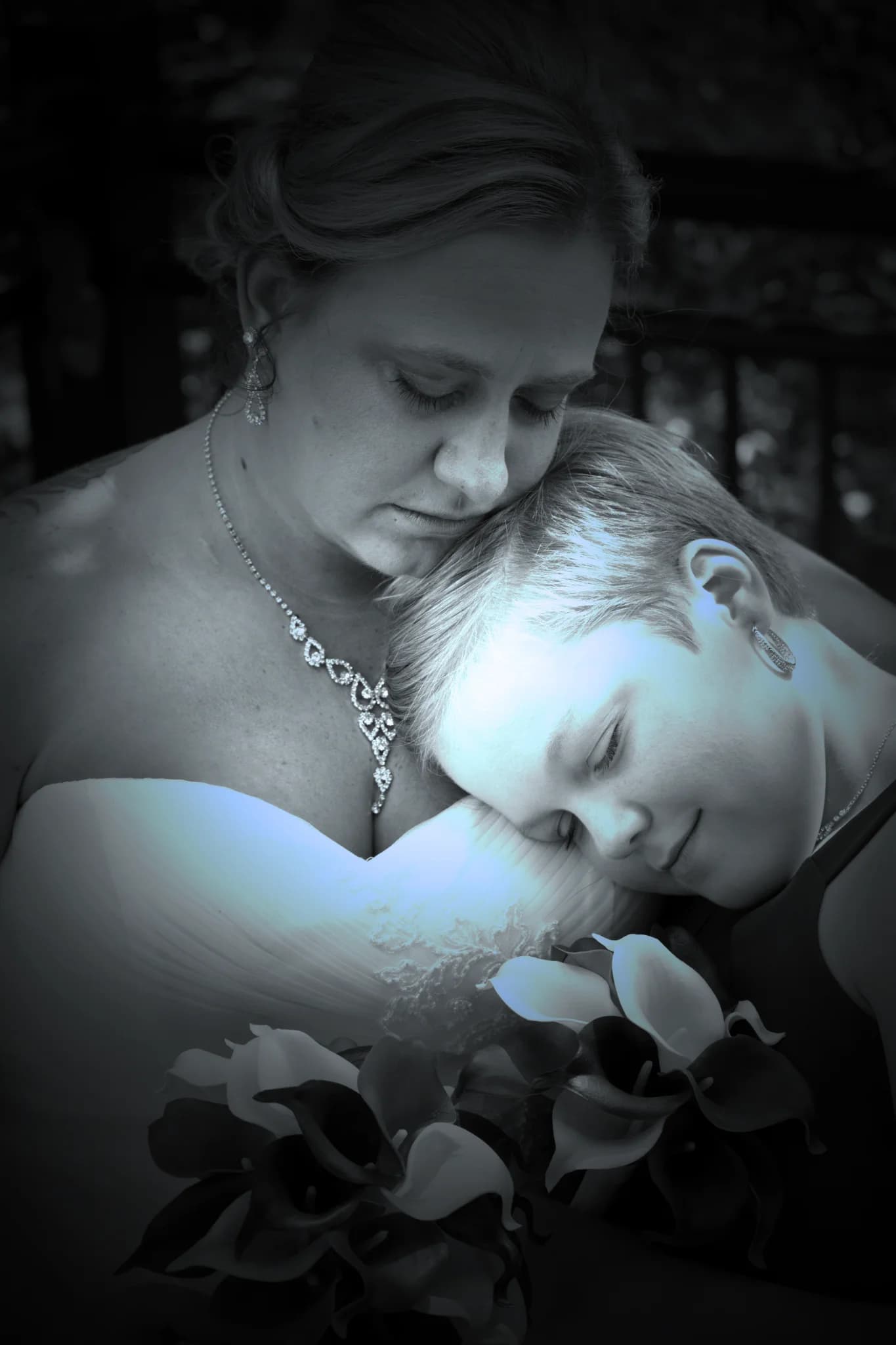 Bride and son with calla lily bouquet at Smoky Mountain wedding at Moose Hollow Lodge in Pigeon Forge