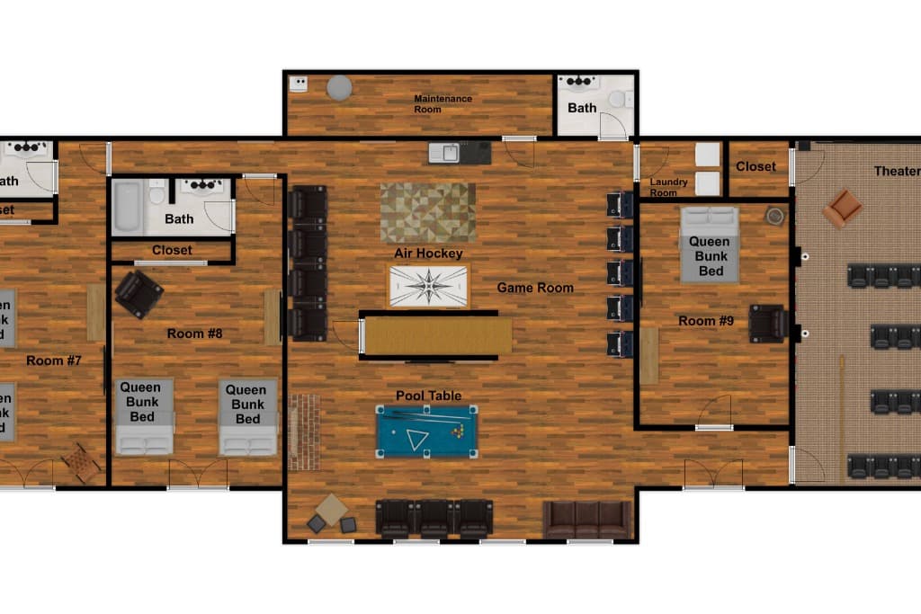 Detailed cabin floor plan featuring a game room, theater, and guest suites at Moose Hollow Lodge in Sevierville