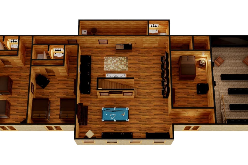 3D cabin floor plan with game room and home theater at Moose Hollow Lodge in Sevierville.
