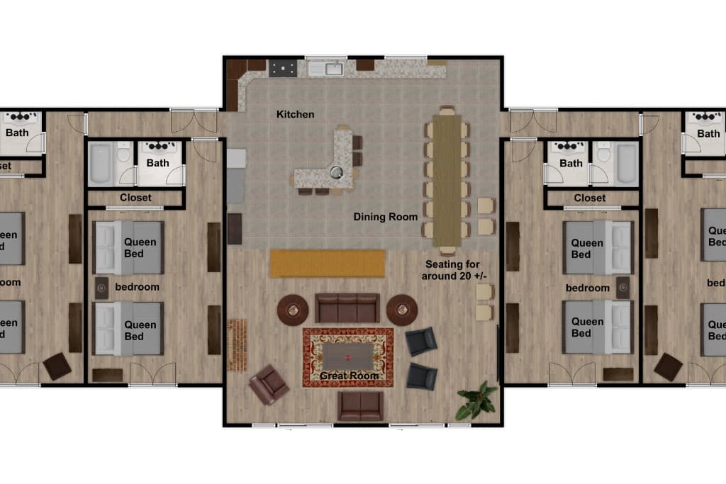 Spacious open-concept floor plan with kitchen, dining for 20, and bedrooms at Moose Hollow Lodge in Sevierville, TN