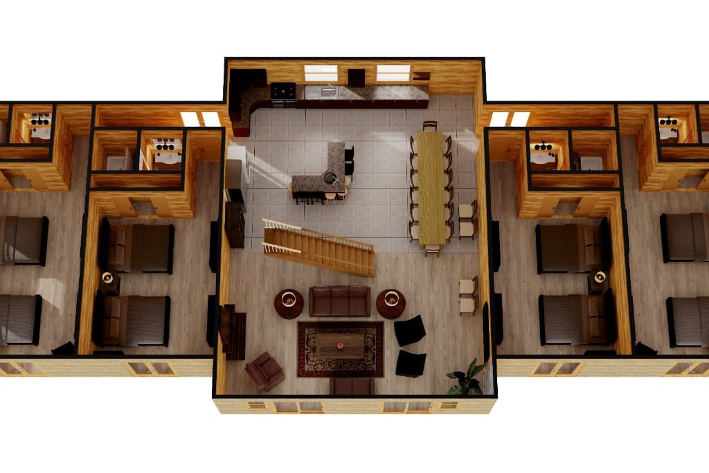 3D floor plan with open kitchen, dining, and bedrooms at Moose Hollow Lodge in Sevierville