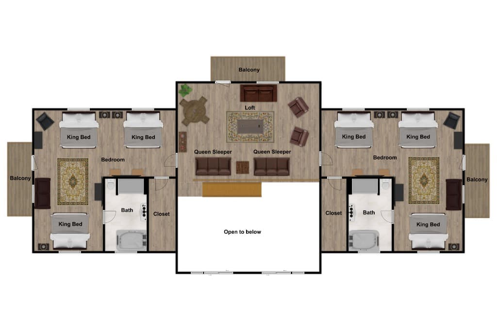 Spacious lodge floor plan with central loft and multiple king bedrooms at Moose Hollow Lodge in Sevierville