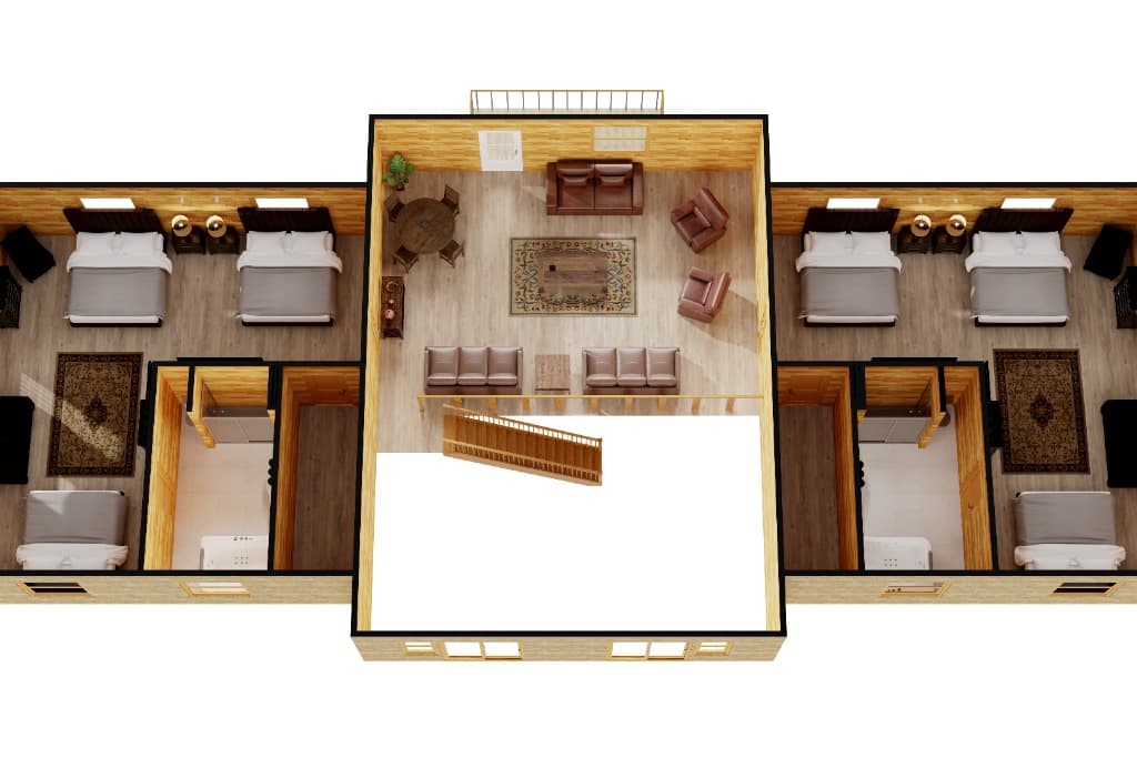 3D floor plan with multiple bedrooms and central living area at Moose Hollow Lodge in Sevierville